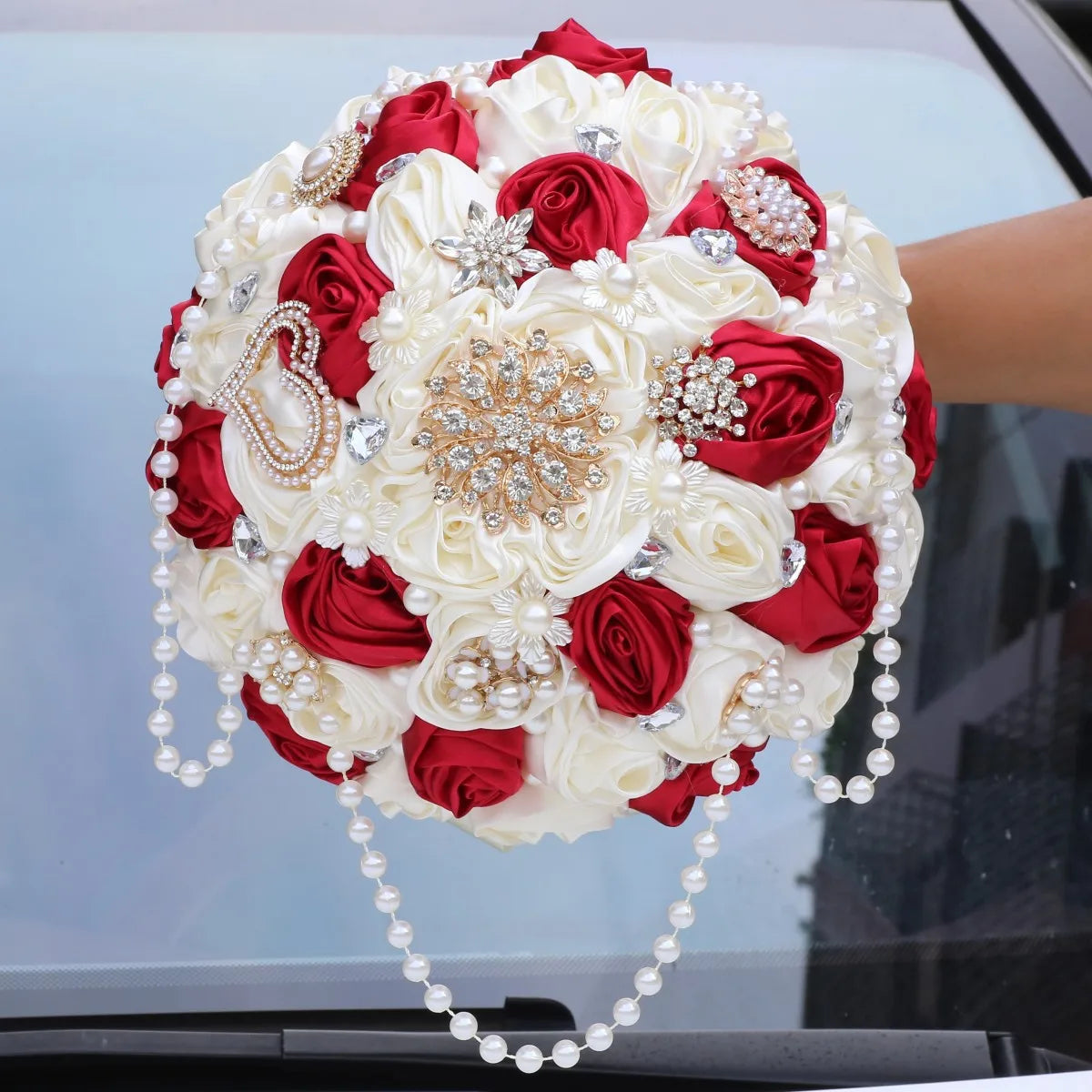 Yannew Handmade Satin Rose Flower Wedding Bouquets for Brides