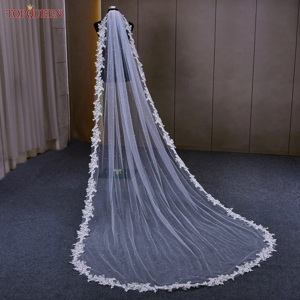 TOPQUEEN V82 Wedding Veil Beading Pearls Cathedral Length Lace