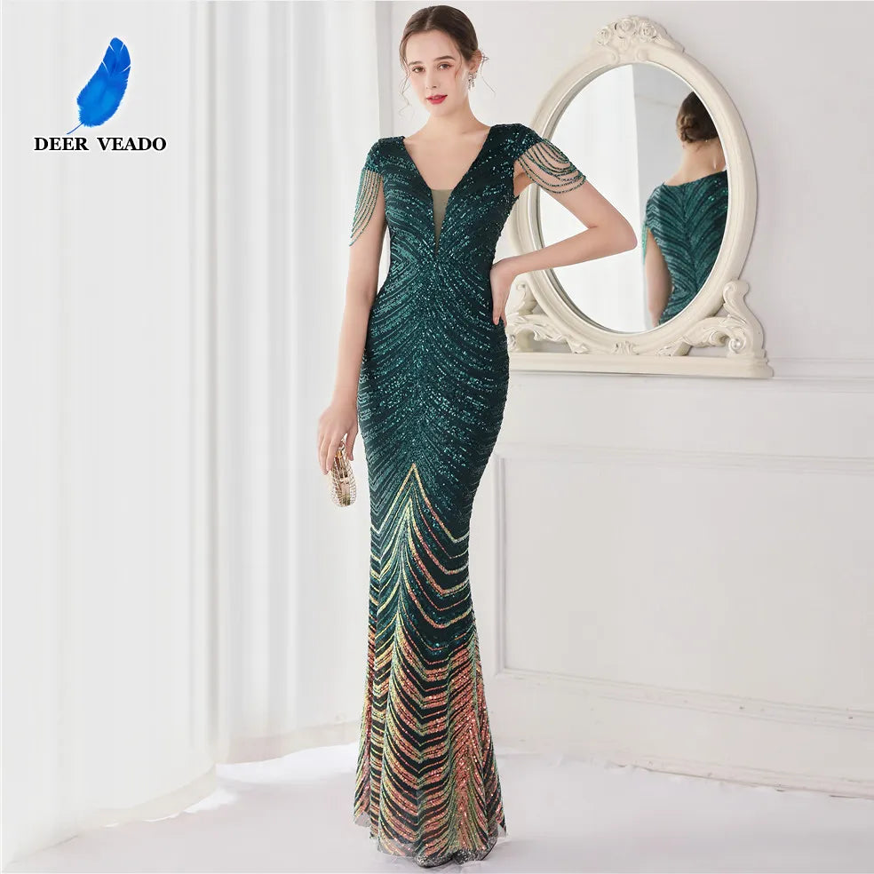 DEERVEADO Elegant V Neck Mermaid Evening Dress Long Luxury Beads Women