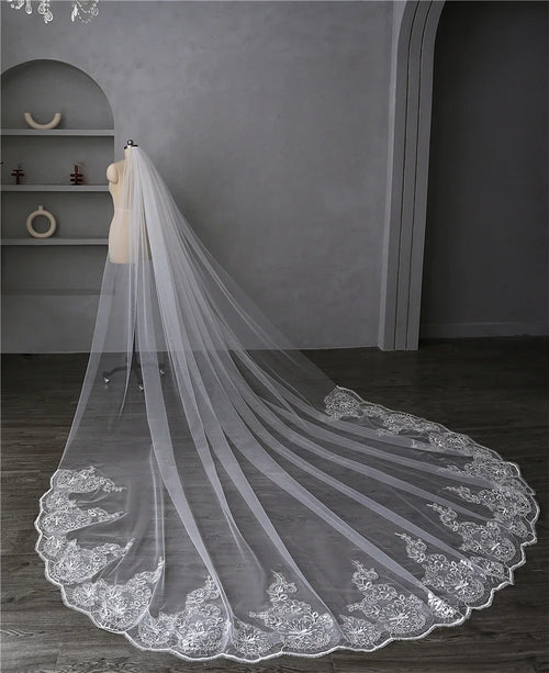 Cathedral Length Luxurious Bridal Veil Applique Lace Edge Sequins