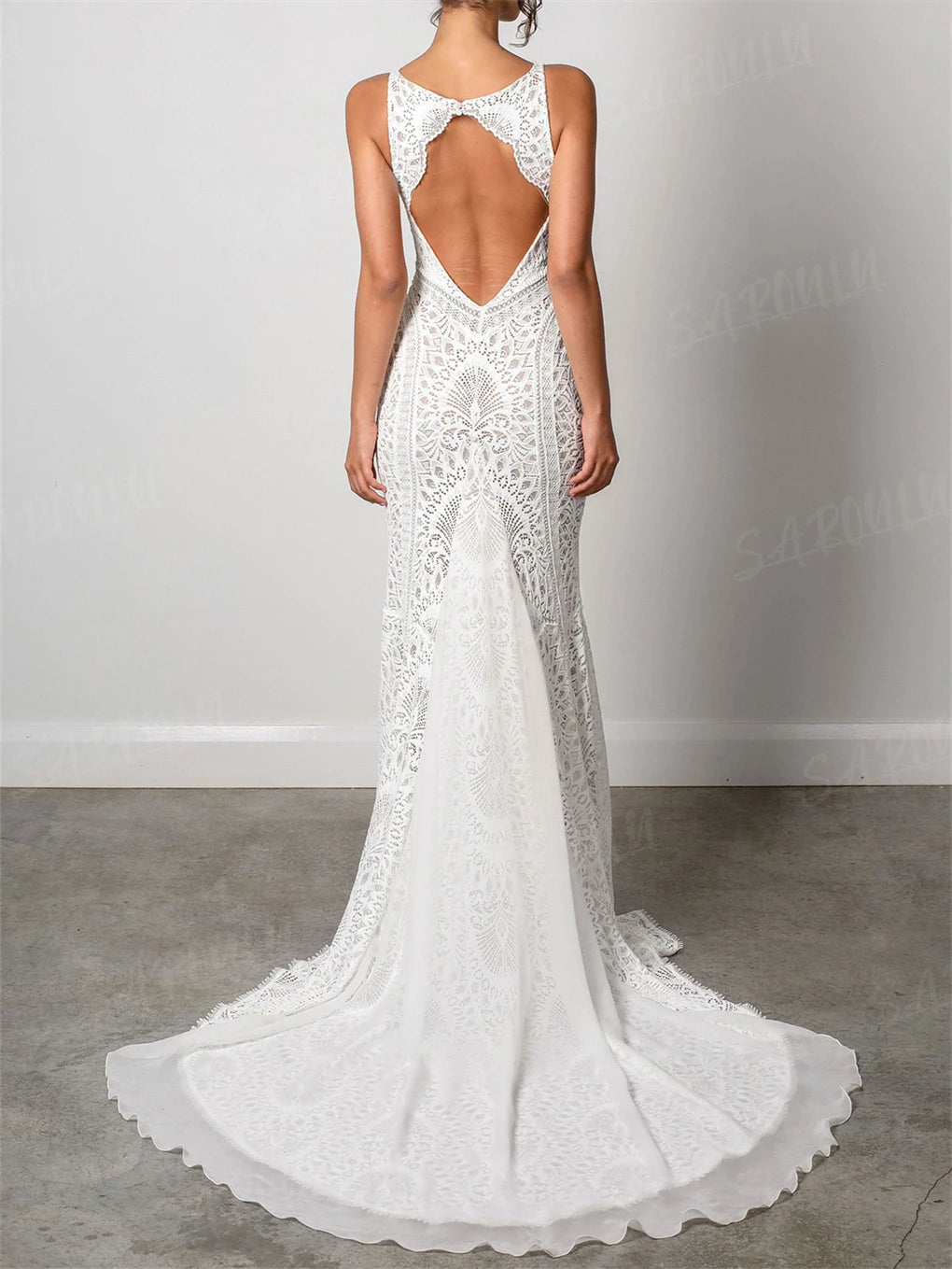 Popular Bohemian Long Wedding Dress Deep V Neck Lace Bride Dresses