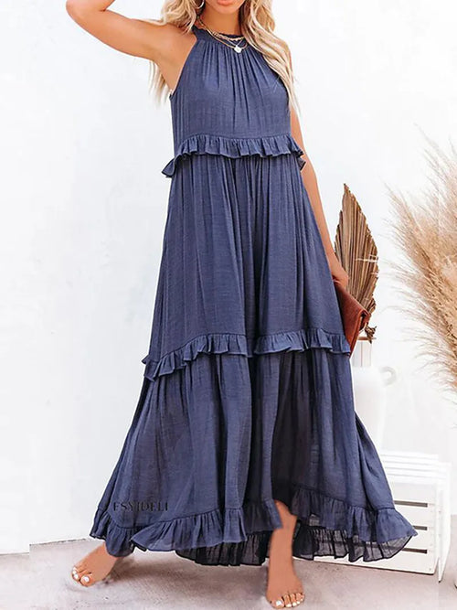 Summer Loose Long Dress Women Casual Elegant Ruffle Halter Sleeveless