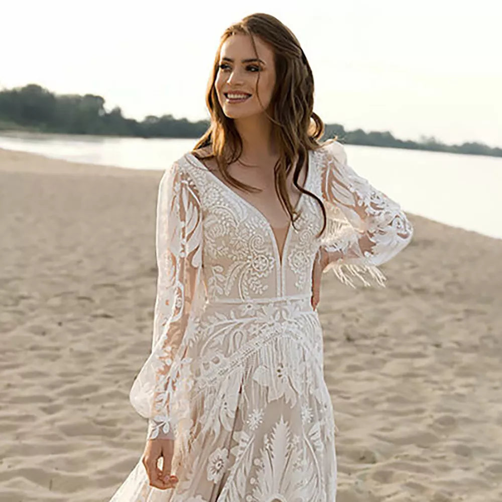 Long Puffy Sleeves Allover Lace Boho Elopement Bridal Gowns Custom