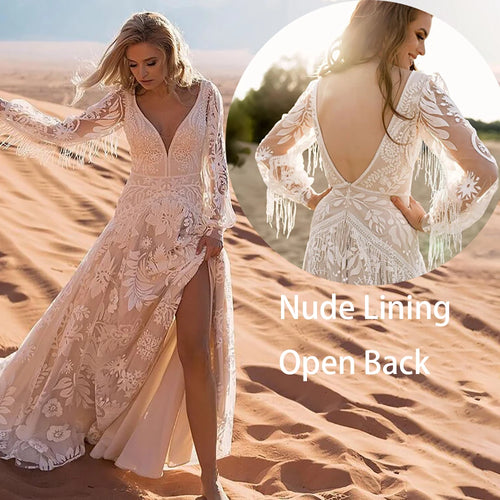 Long Puffy Sleeves Allover Lace Boho Elopement Bridal Gowns Custom