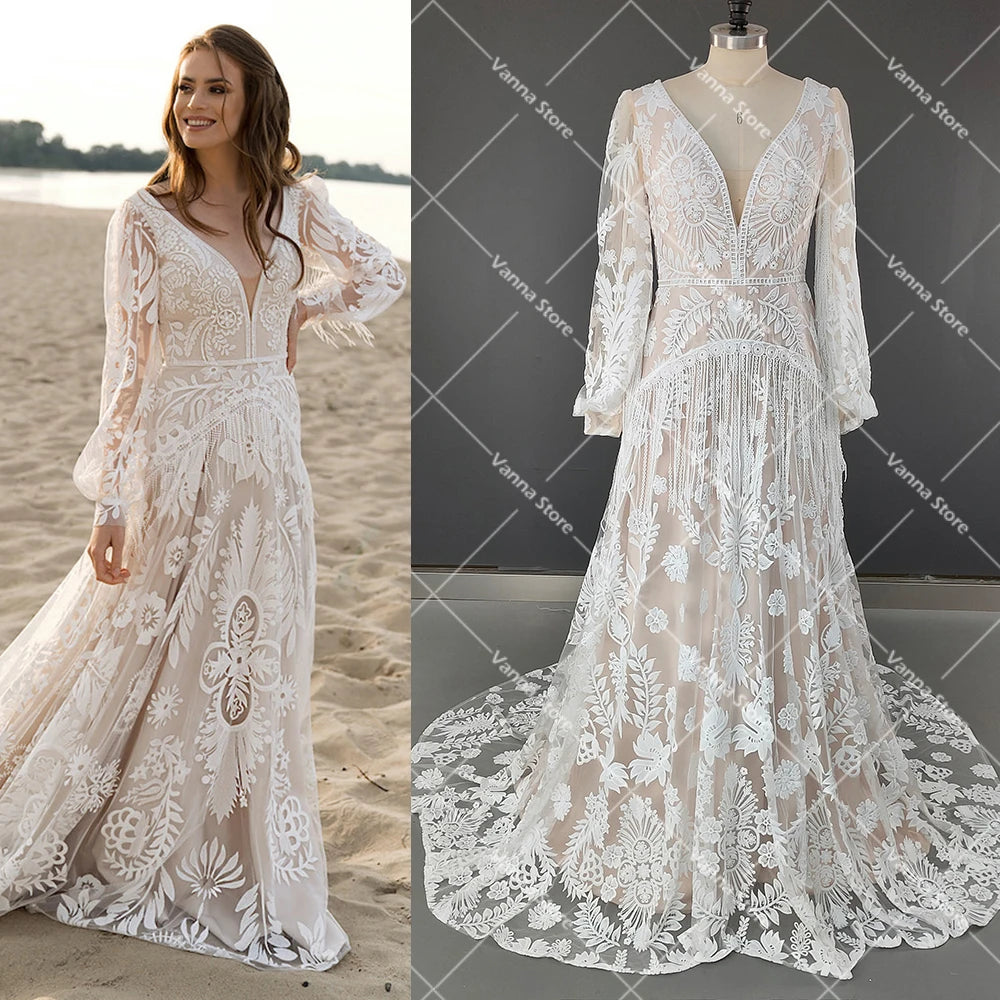 Long Puffy Sleeves Allover Lace Boho Elopement Bridal Gowns Custom