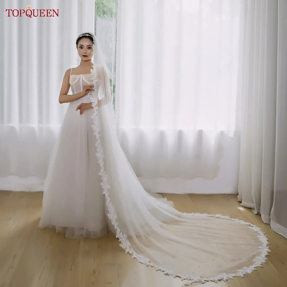 TOPQUEEN V82 Wedding Veil Beading Pearls Cathedral Length Lace