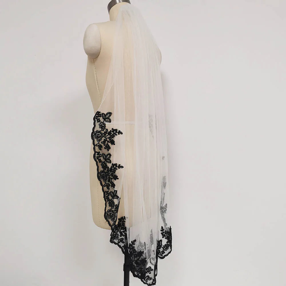 Black Lace White or Ivory Tulle Short Wedding Veil 1 Layer 1 Meter