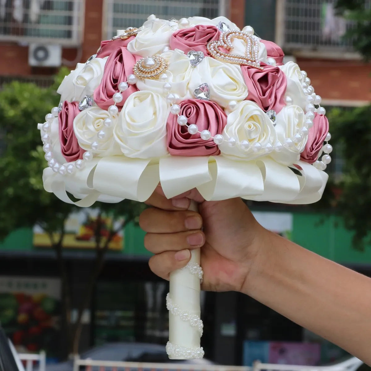 Yannew Handmade Satin Rose Flower Wedding Bouquets for Brides