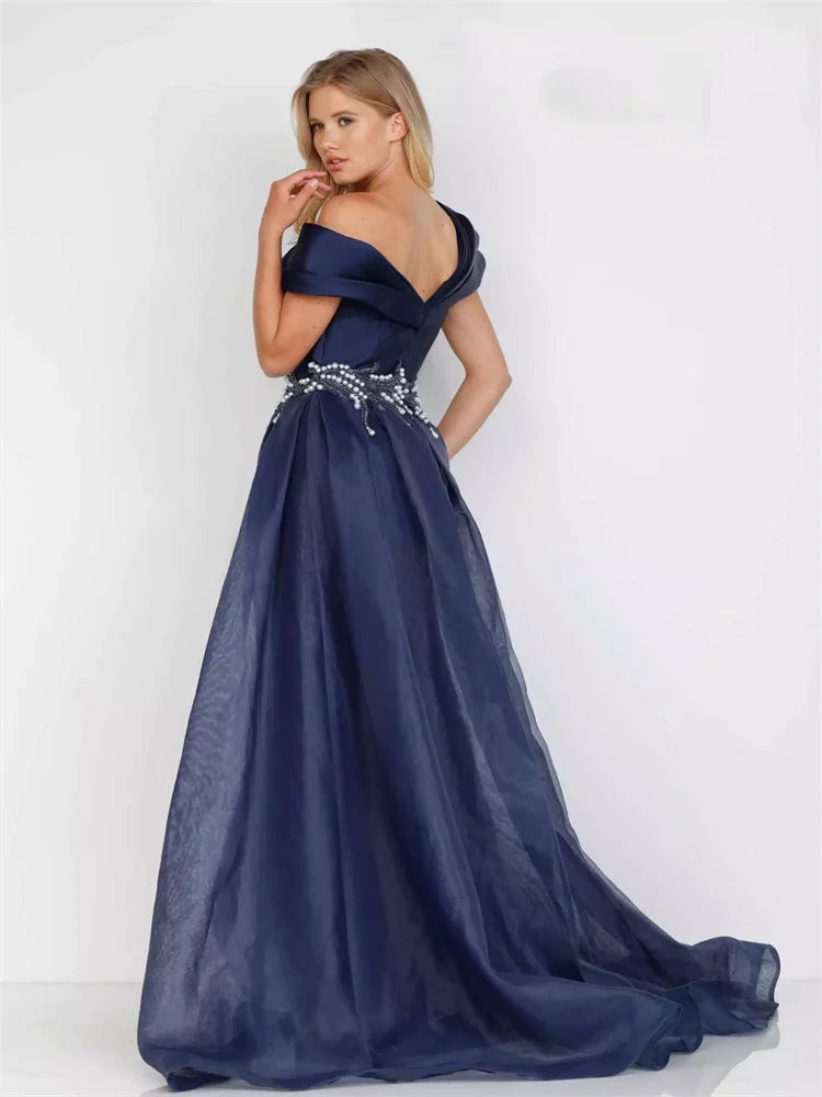 New Arrival Asymmetrical Pleated Off-Shoulder Neck Satin Tulle With