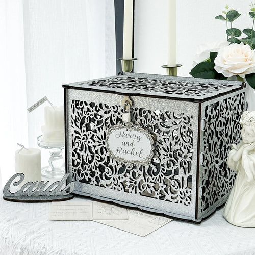 OurWarm Silver Wedding Card Box with Lock Wooden Gift Card Box