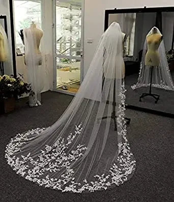 Wedding Veil 3D Petals Flowers Floral Veil 1 Tier Long Cathedral Lace