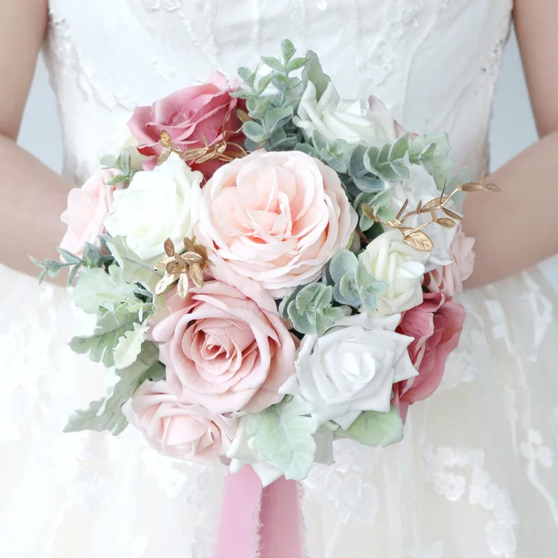 Yannew Dusty Rose Artificial Flower Bridal Bouquets for Bride Tossing