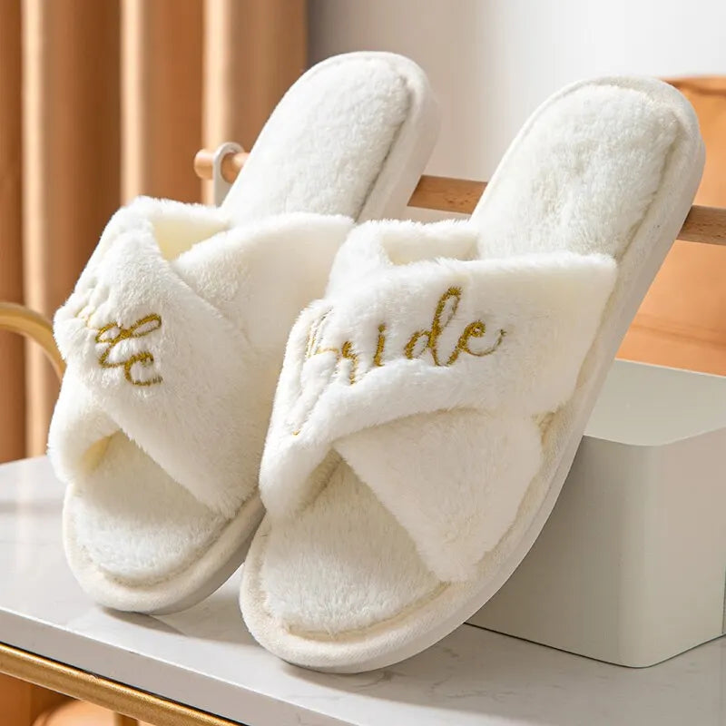 Bride Open Toe Slippers Women's Soft Fuzzy Slippers