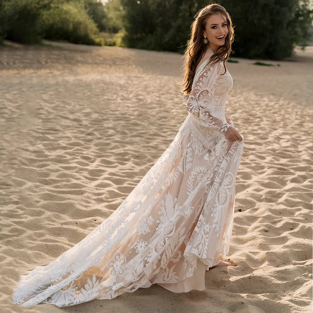 Long Puffy Sleeves Allover Lace Boho Elopement Bridal Gowns Custom