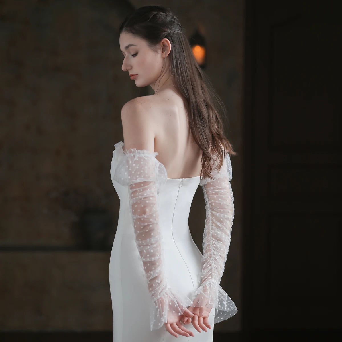 Elegant Wedding Bridal White Long Sleevelet Soft Dots Tulle Ruffled