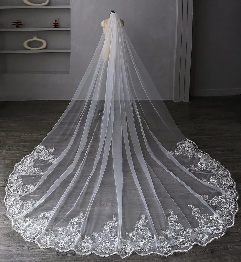 Cathedral Length Luxurious Bridal Veil Applique Lace Edge Sequins