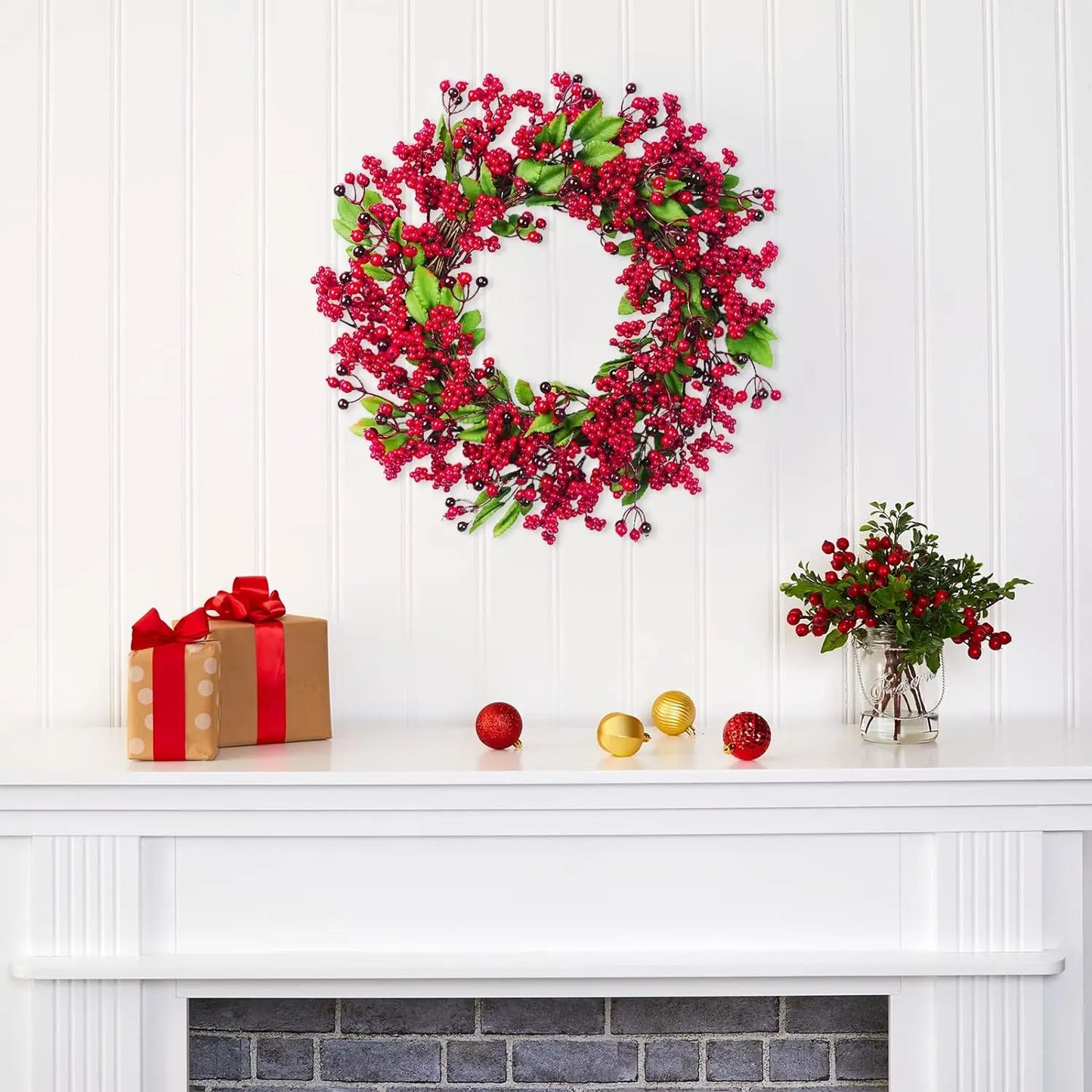 Yannew Christmas Red Berry Wreath for Front Door Outside Xmas Handmade