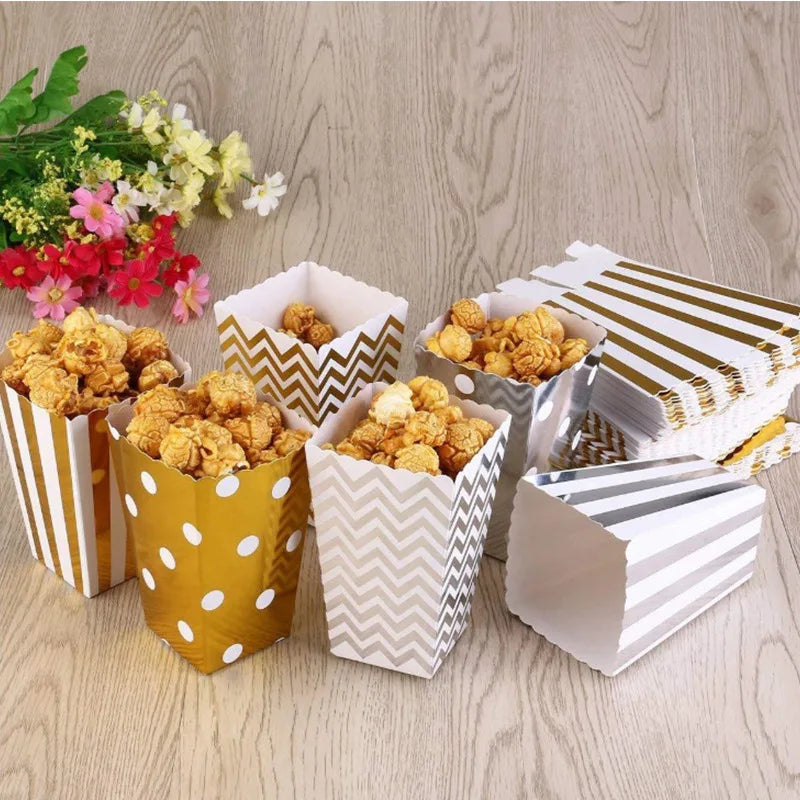 6Pcs Popcorn Box Gold Dot Wave Striped Pop Corn Candy Snack Boxes