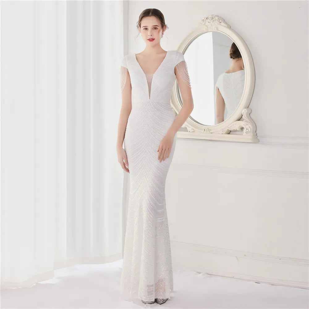 DEERVEADO Elegant V Neck Mermaid Evening Dress Long Luxury Beads Women