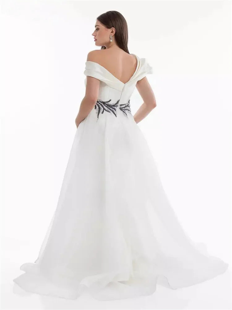 New Arrival Asymmetrical Pleated Off-Shoulder Neck Satin Tulle With