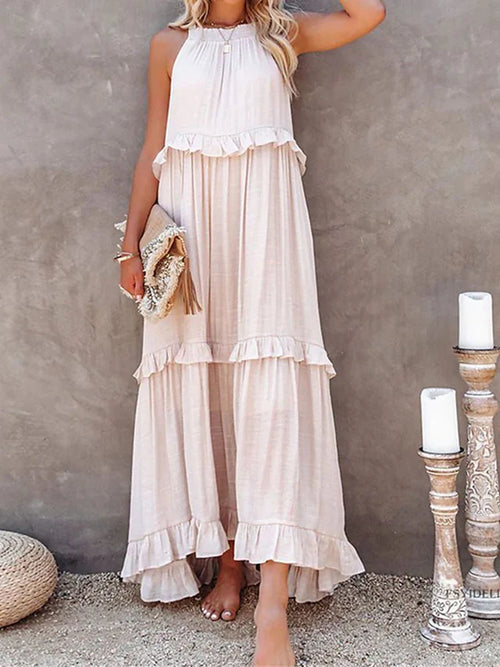 Summer Loose Long Dress Women Casual Elegant Ruffle Halter Sleeveless