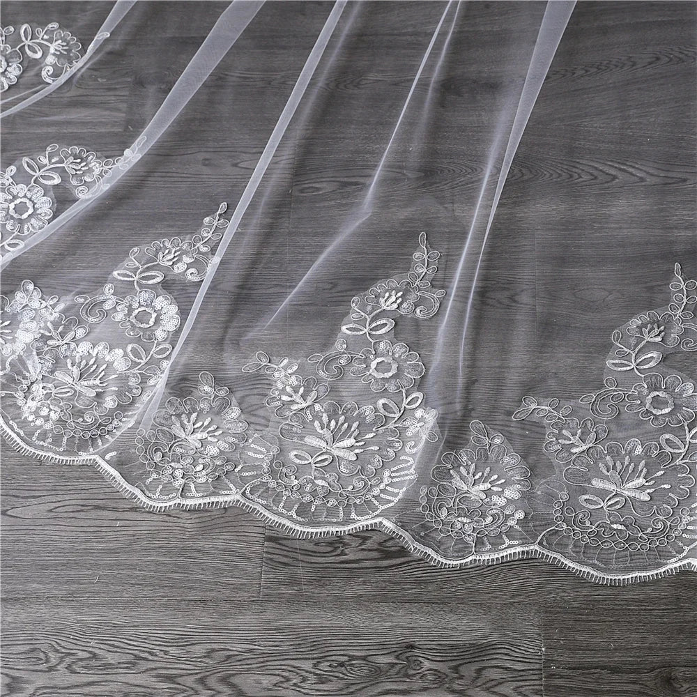 Cathedral Length Luxurious Bridal Veil Applique Lace Edge Sequins