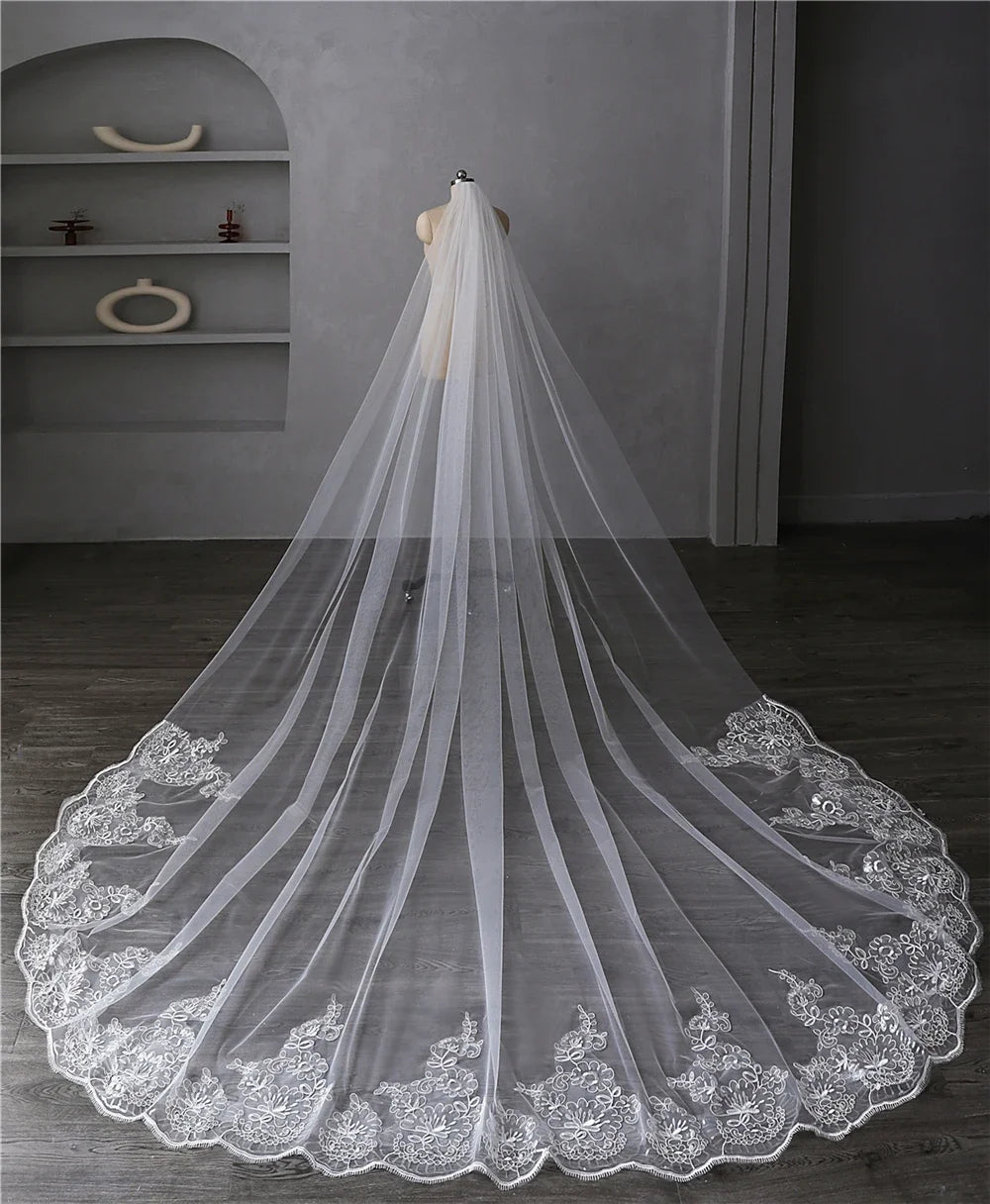 Cathedral Length Luxurious Bridal Veil Applique Lace Edge Sequins