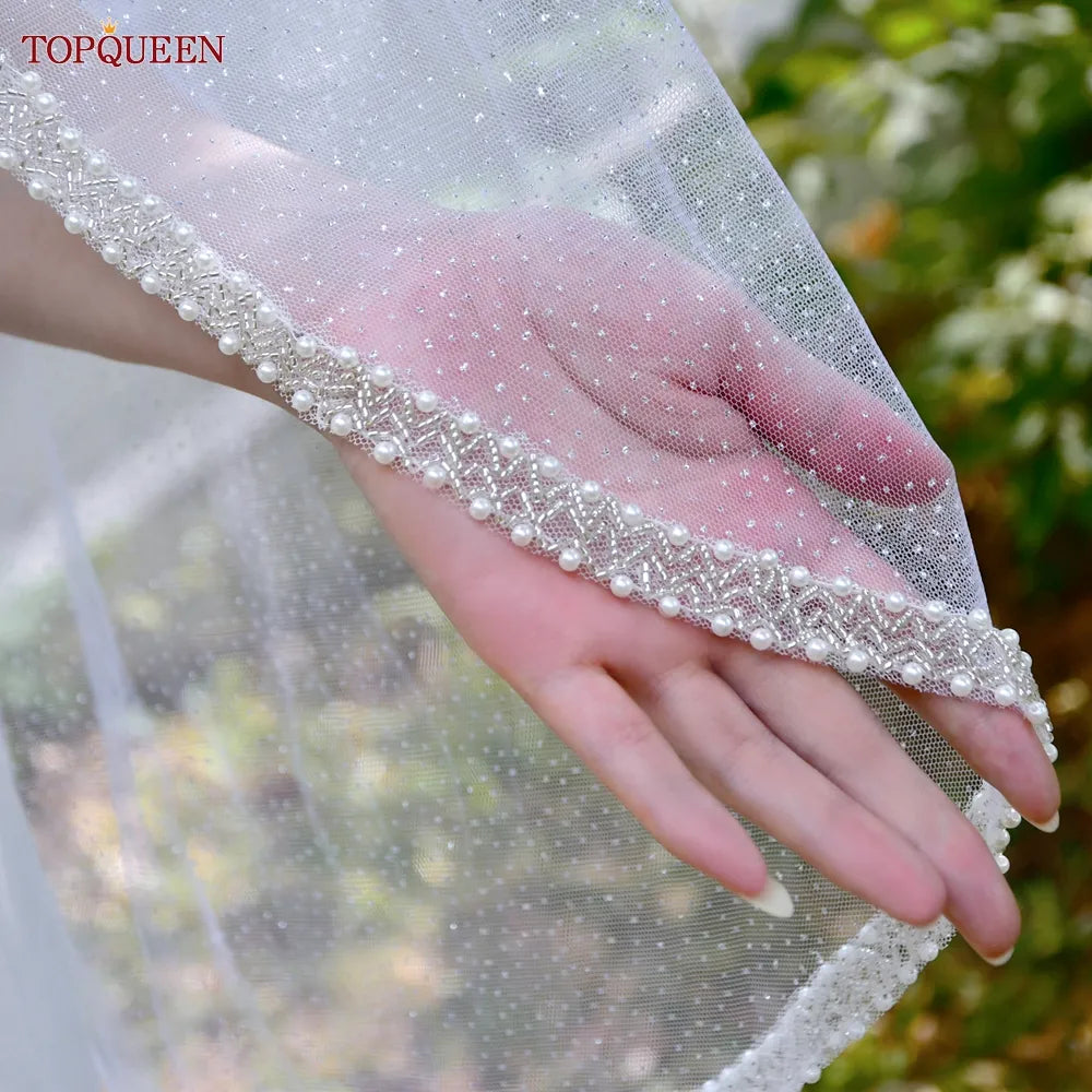 TOPQUEEN V143 White Sparking Bridal Veil Beaded Pearl Edge