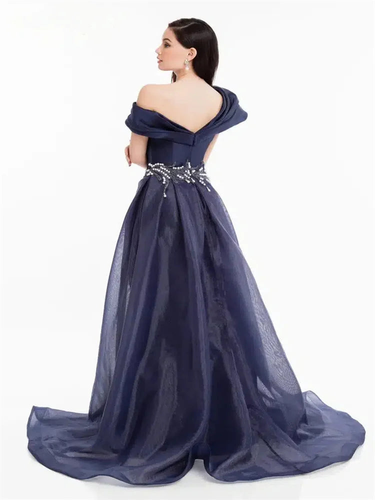 New Arrival Asymmetrical Pleated Off-Shoulder Neck Satin Tulle With