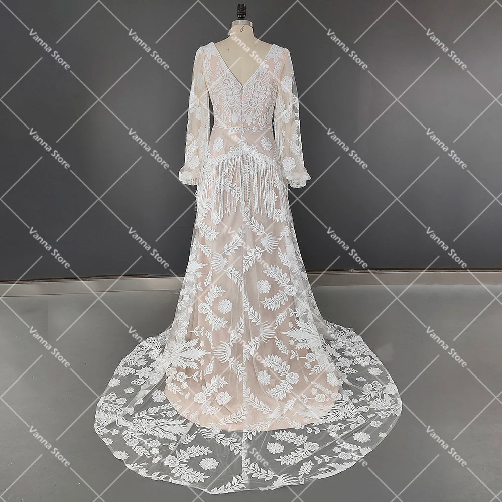 Long Puffy Sleeves Allover Lace Boho Elopement Bridal Gowns Custom