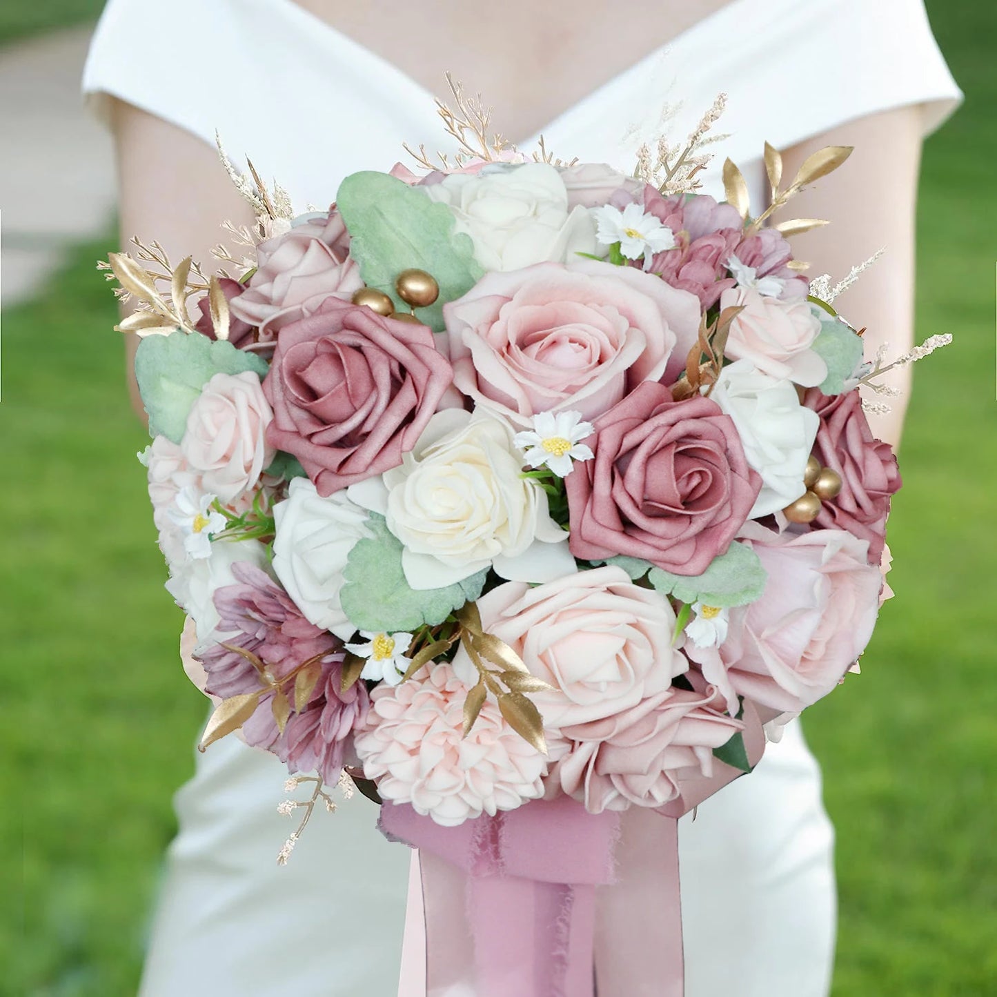 Yannew Dusty Rose Artificial Flower Bridal Bouquets for Bride Tossing