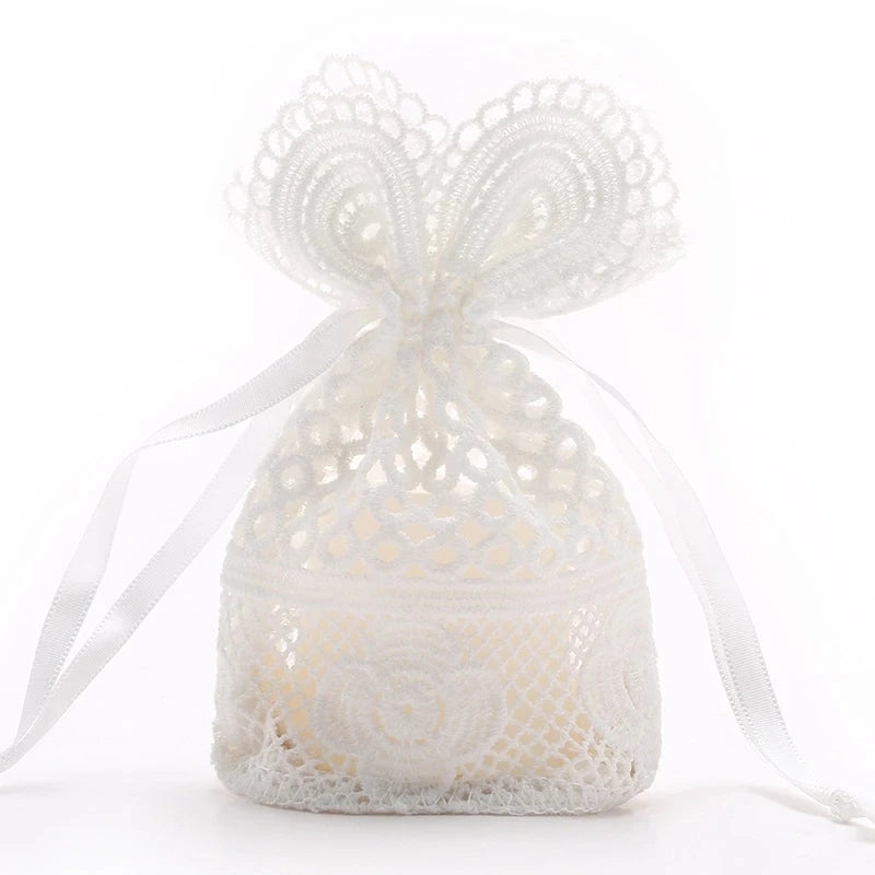 10 pcs Round Hole Lace Favor Bag Jewelry Storage Bag Milk Yarn