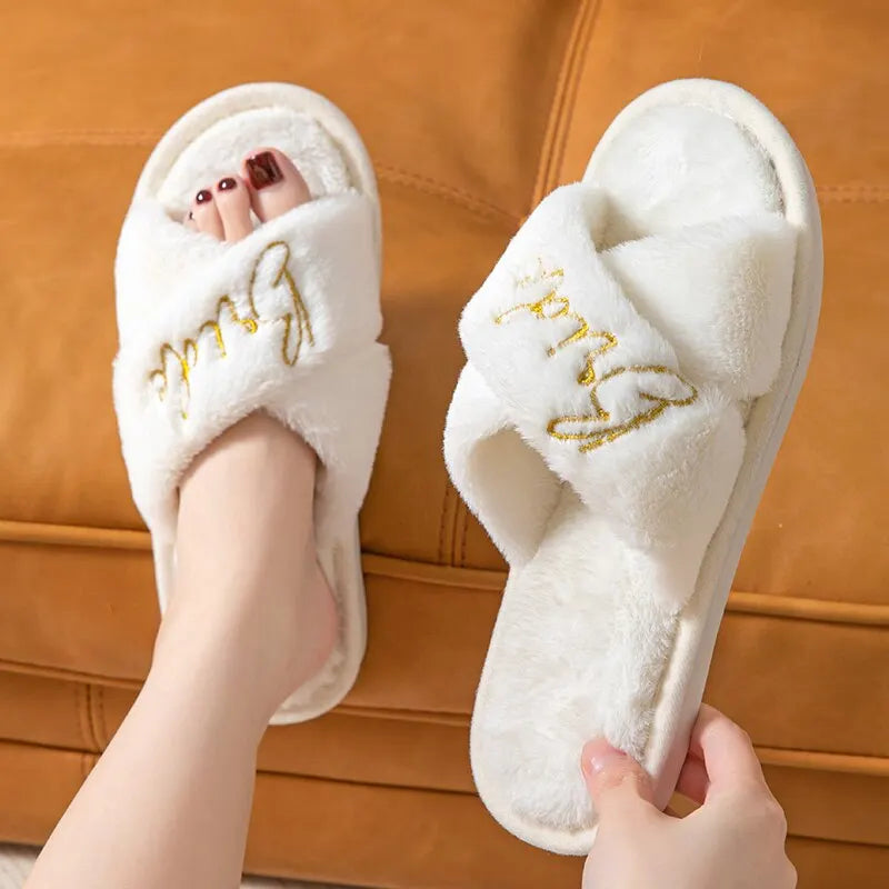 Bride Open Toe Slippers Women's Soft Fuzzy Slippers