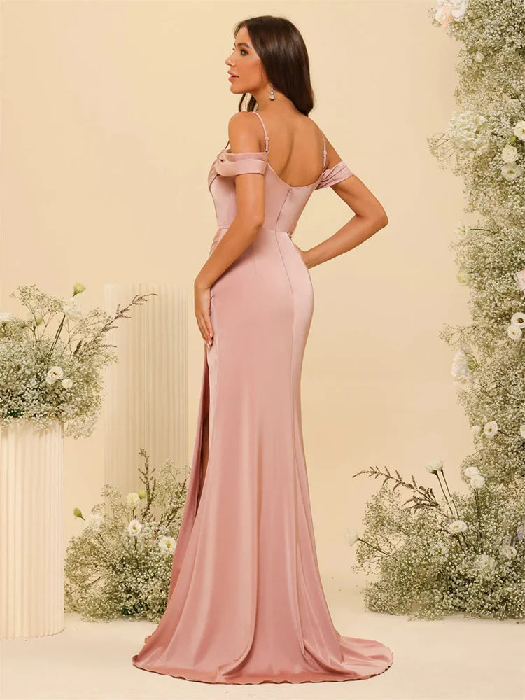 New Product Off-the-Shoulder Spaghetti Straps Silk Satin Sheath