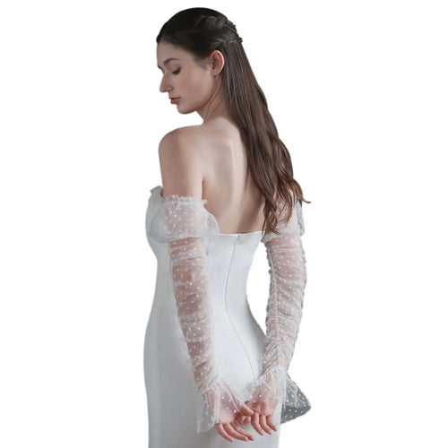 Elegant Wedding Bridal White Long Sleevelet Soft Dots Tulle Ruffled