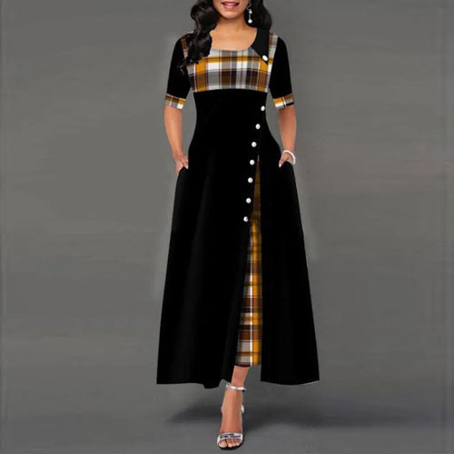 Women's Fashion Half Sleeve Plaid Print Button Detail Maxi Dress