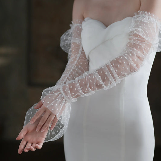 Elegant Wedding Bridal White Long Sleevelet Soft Dots Tulle Ruffled