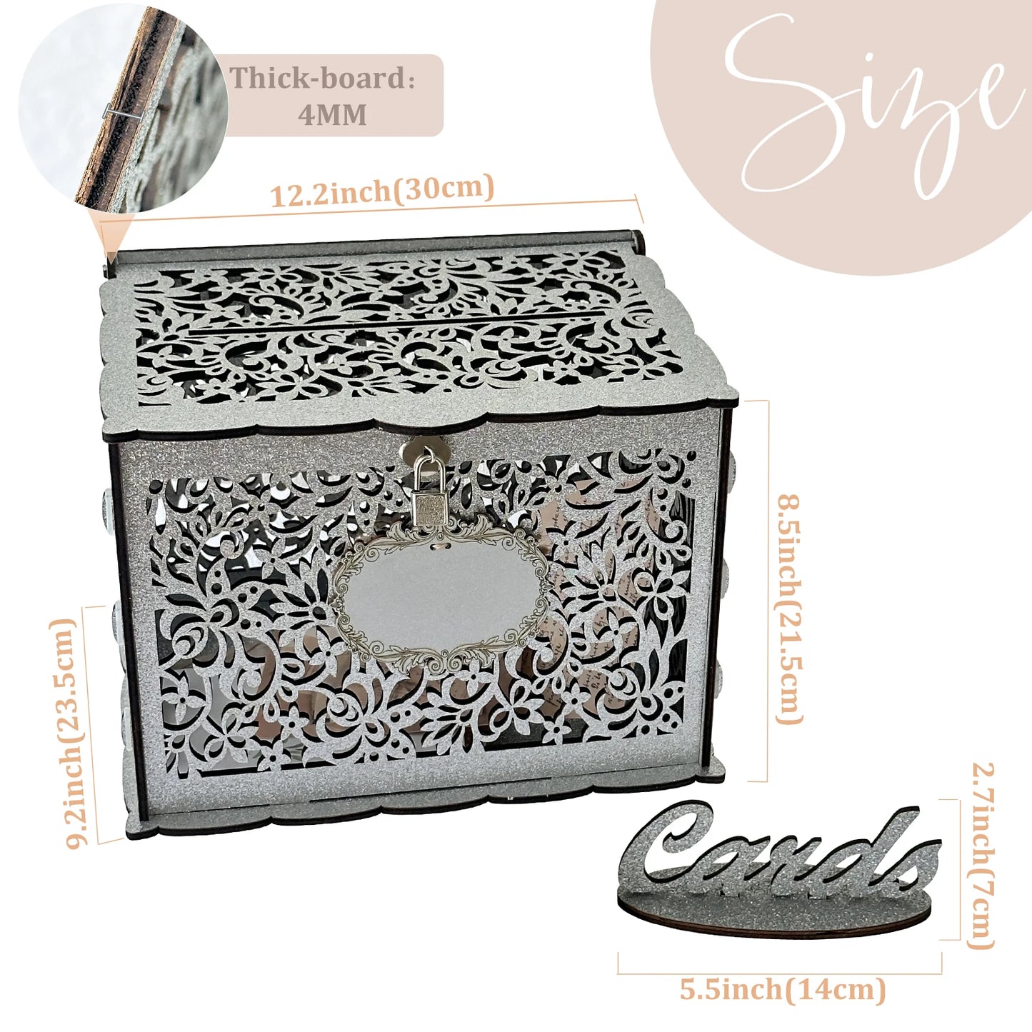 OurWarm Silver Wedding Card Box with Lock Wooden Gift Card Box