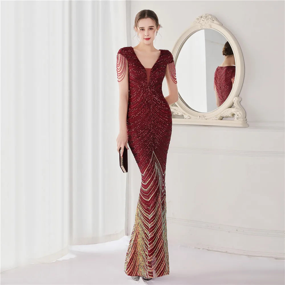 DEERVEADO Elegant V Neck Mermaid Evening Dress Long Luxury Beads Women