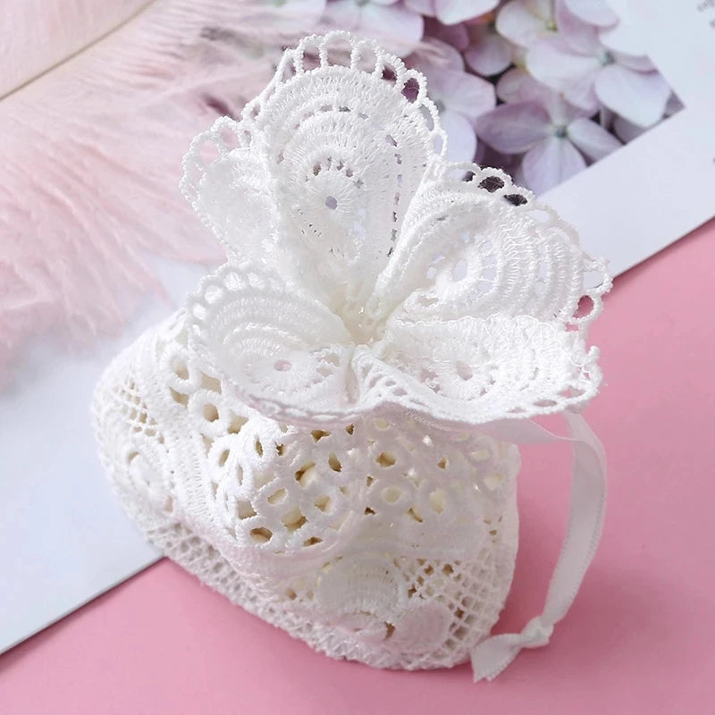 10 pcs Round Hole Lace Favor Bag Jewelry Storage Bag Milk Yarn