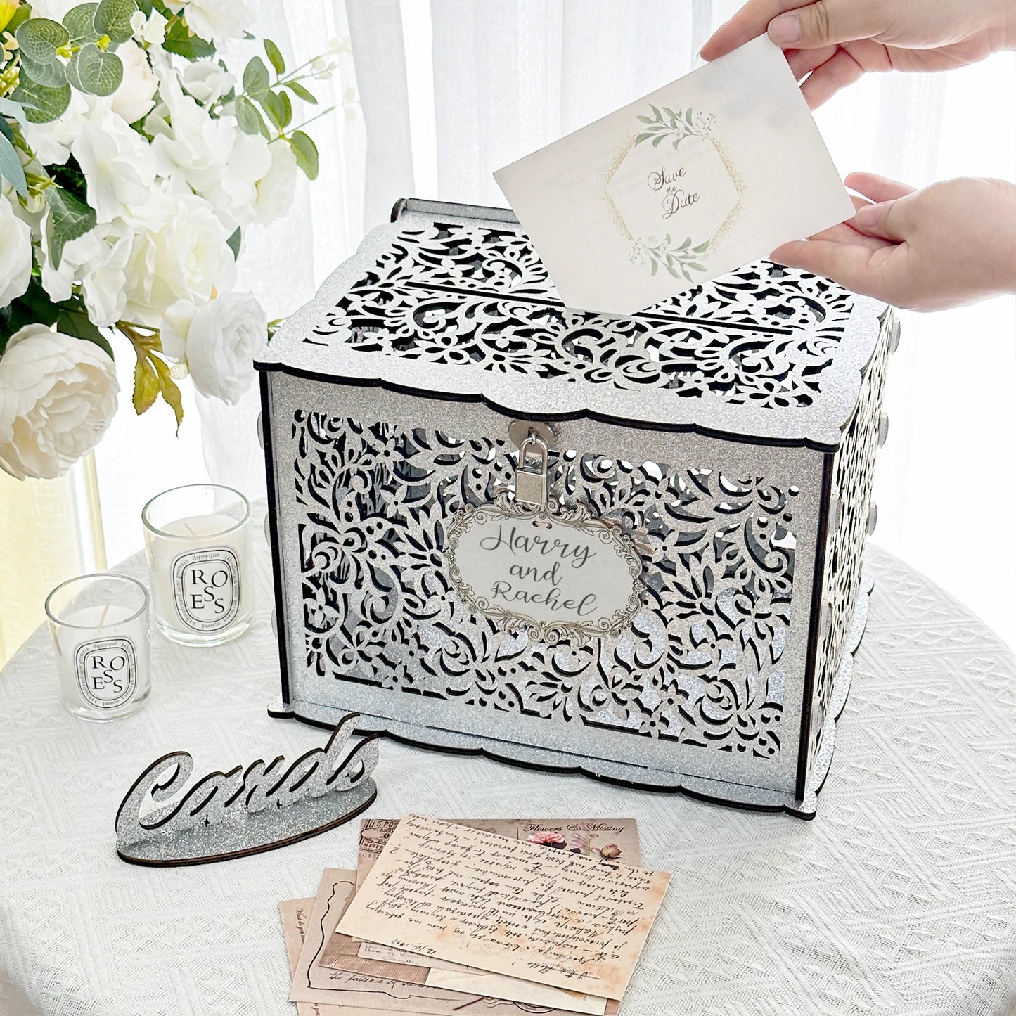 OurWarm Silver Wedding Card Box with Lock Wooden Gift Card Box