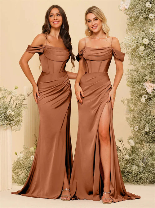 New Product Off-the-Shoulder Spaghetti Straps Silk Satin Sheath