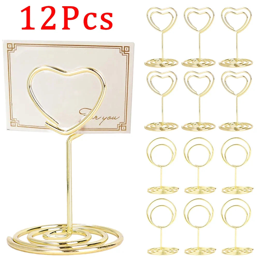 12 Piece Metal Place Card Holders Round or Heart Shape