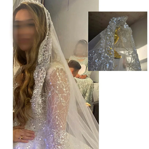 Full Crystal Pearl Lace Veil Bridal Cathedral Luxury New Bridal