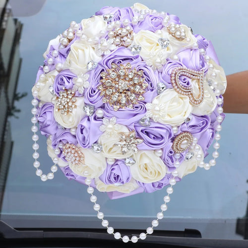 Yannew Handmade Satin Rose Flower Wedding Bouquets for Brides