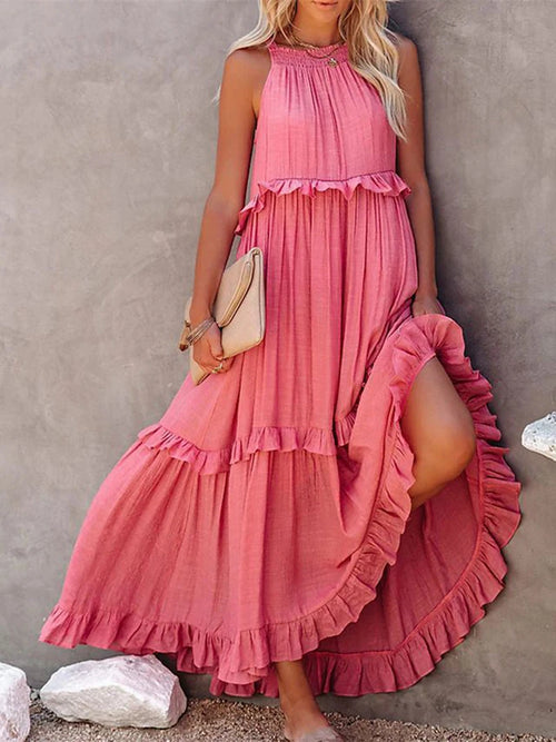 Summer Loose Long Dress Women Casual Elegant Ruffle Halter Sleeveless