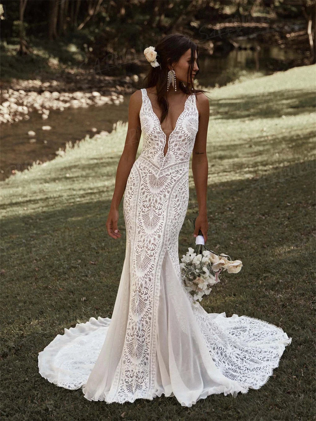 Popular Bohemian Long Wedding Dress Deep V Neck Lace Bride Dresses