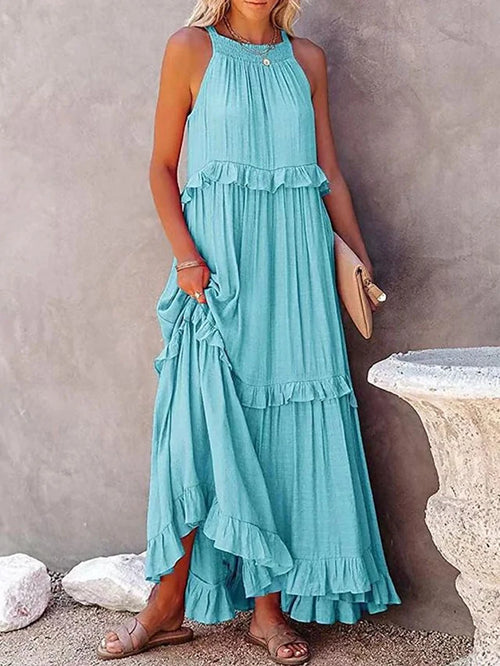 Summer Loose Long Dress Women Casual Elegant Ruffle Halter Sleeveless