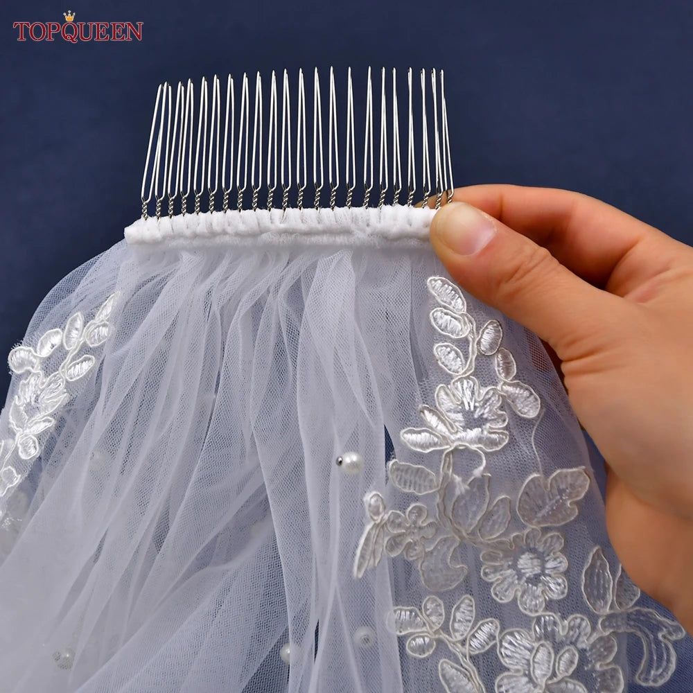 TOPQUEEN V82 Wedding Veil Beading Pearls Cathedral Length Lace