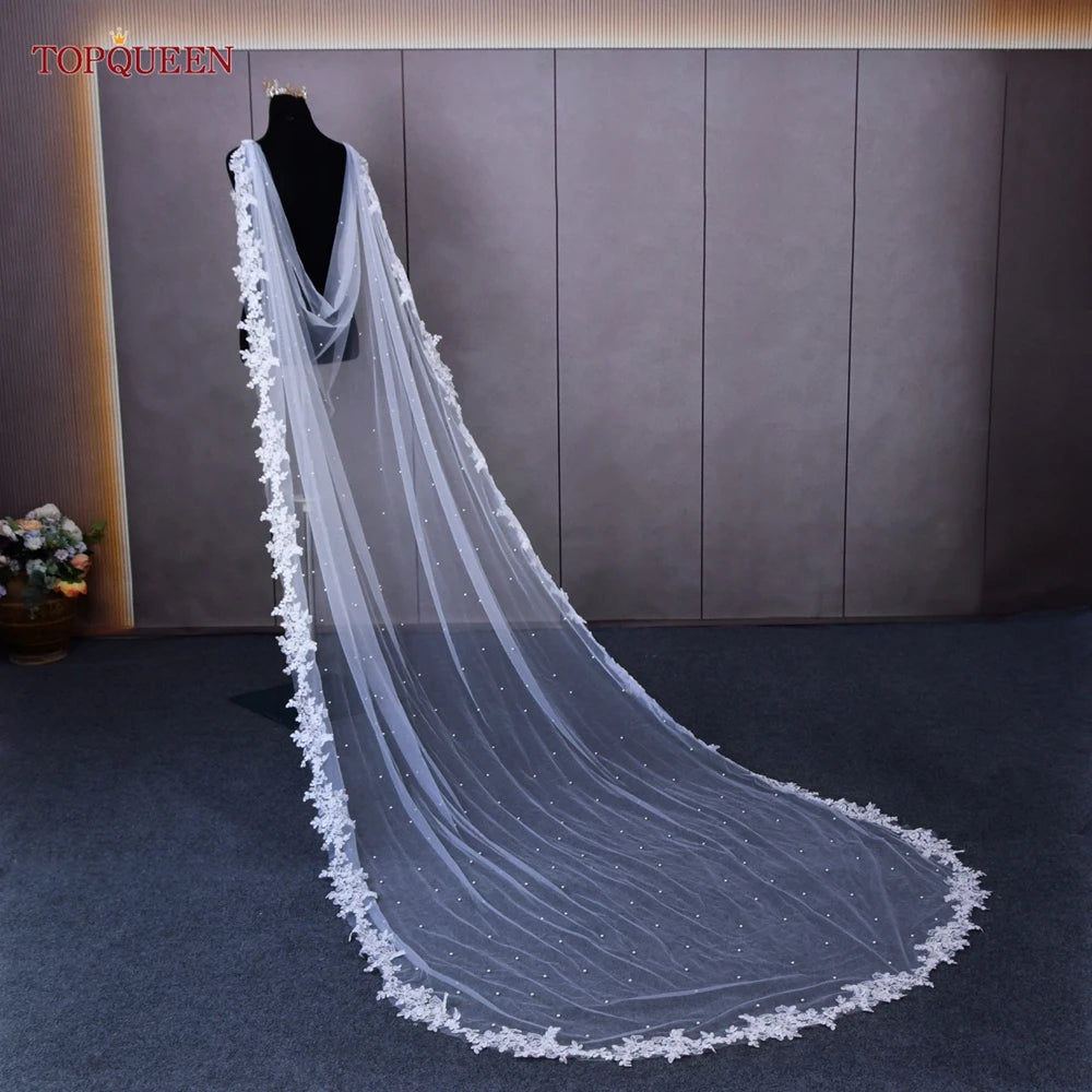 TOPQUEEN G59 Wedding Shawls Lace Jackets for Wedding Dresses with Pearls Cape Veil Wrap for Wedding Dress